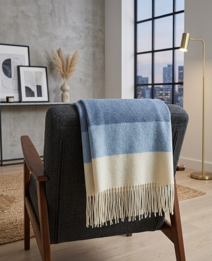 Wolldecke & Wollplaid, 90 % Merinowolle,10% Kaschmir "Faro S" blau-hellblau – Bild 5