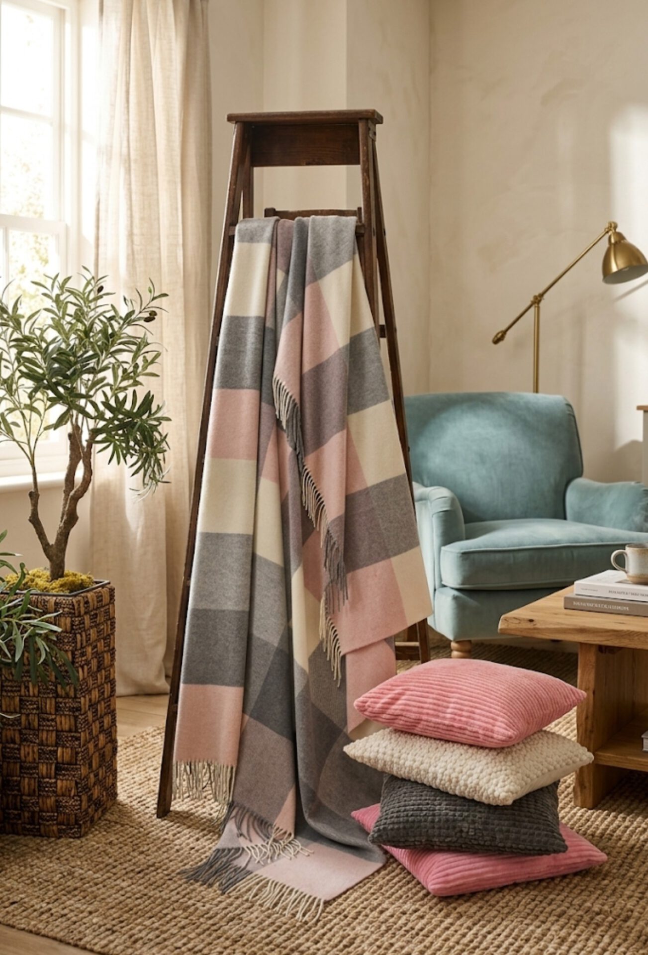 Wolldecke & Wollplaid, 90 % Merinowolle,10% Kaschmir "Faro Q" grau-rosa-weiß – Bild 2