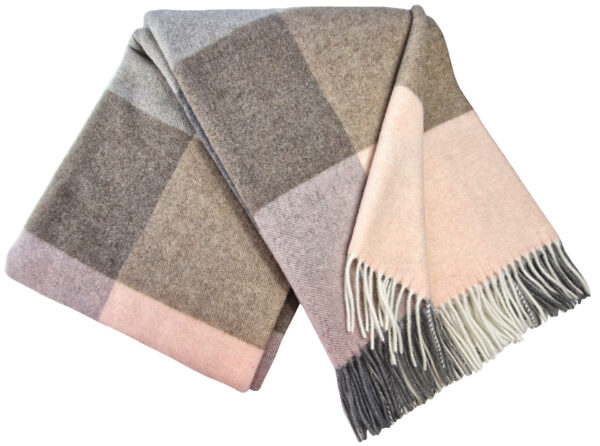Wolldecke & Wollplaid, 90 % Merinowolle,10% Kaschmir "Faro-Quadrate" grau-braun-rosa