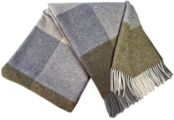 Wolldecke & Wollplaid, 90 % Merinowolle,10% Kaschmir "Faro-Quadrate" khaki-grau