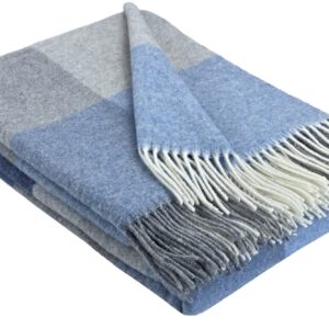 Wolldecke & Wollplaid, 90 % Merinowolle,10% Kaschmir "Faro Karo" grau-blau-hellblau