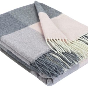 Wolldecke & Wollplaid, 90 % Merinowolle,10% Kaschmir "Faro Karo" grau-braun-rosa