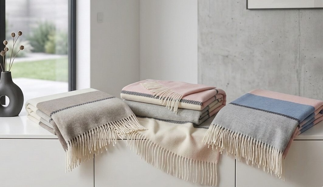 Wolldecke & Wollplaid, 90 % Merinowolle,10% Kaschmir "Faro K" rosa-blau-grau – Bild 9