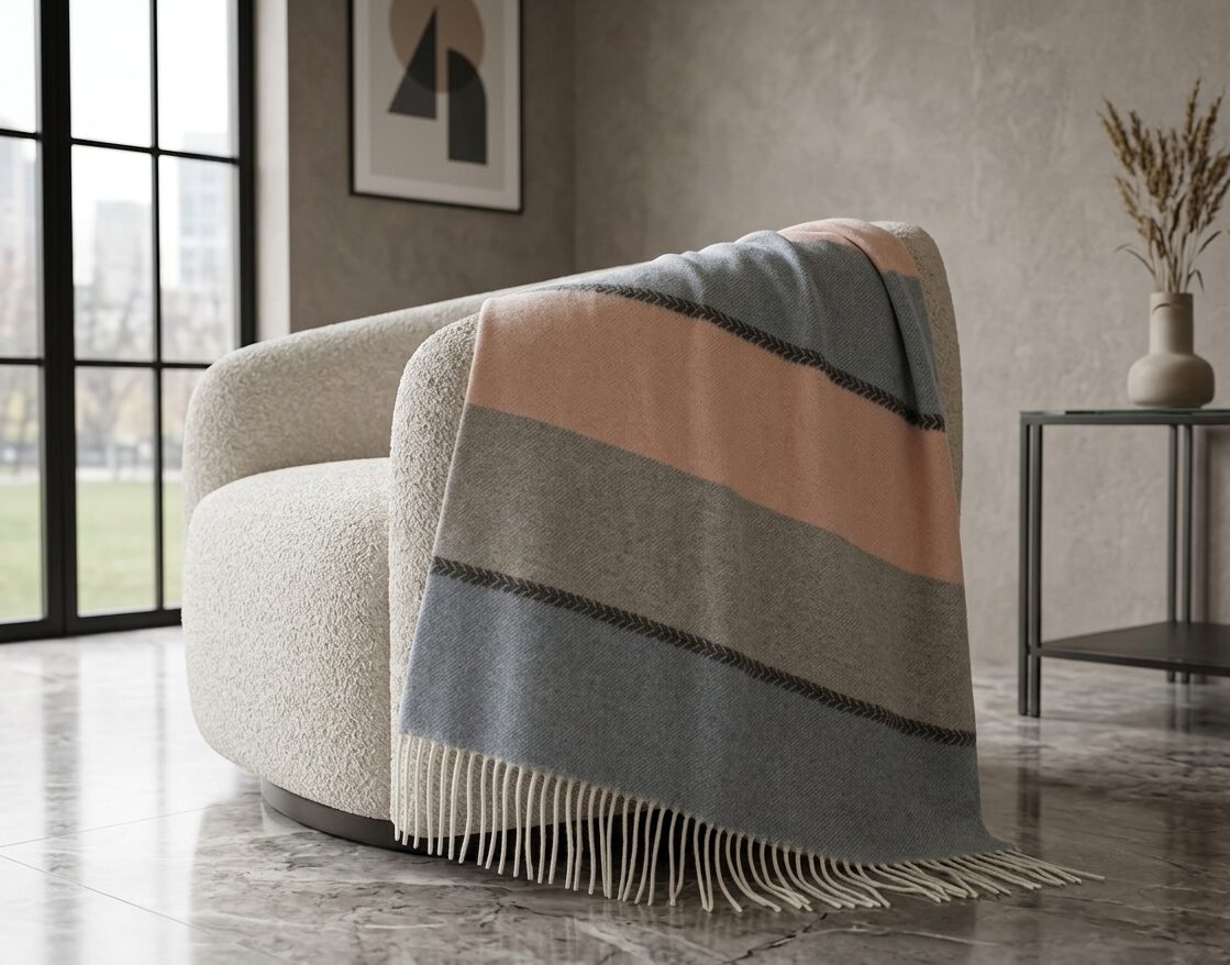 Wolldecke & Wollplaid, 90 % Merinowolle,10% Kaschmir "Faro K" rosa-blau-grau – Bild 2
