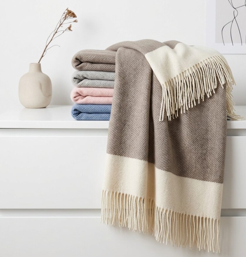 Wolldecke & Wollplaid, 90 % Merinowolle,10% Kaschmir "Faro M" weiß-dunkelblau – Bild 5