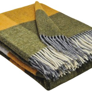 Wollplaid & Wolldecke "Tirol-Quadrate" senf-olive-weiß