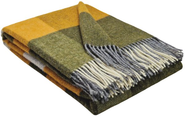 Wollplaid & Wolldecke "Tirol-Quadrate" senf-olive-weiß