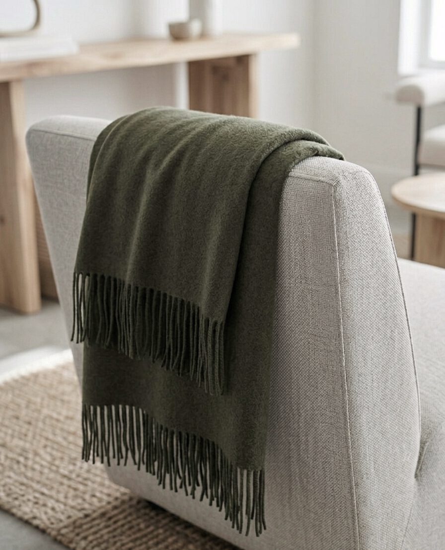 Wolldecke & Wollplaid, 90 % Merinowolle,10% Kaschmir "Faro U" olive – Bild 2