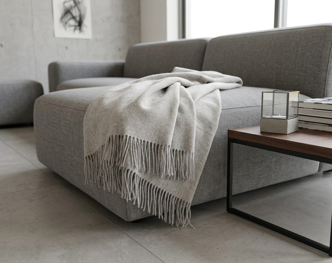 Wolldecke & Wollplaid, 90 % Merinowolle,10% Kaschmir "Faro U" beige-grau – Bild 2