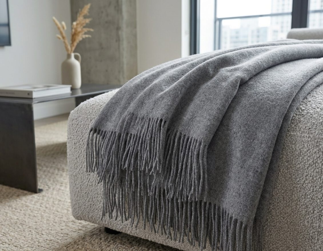 Wolldecke & Wollplaid, 90 % Merinowolle,10% Kaschmir "Faro U" grau – Bild 2