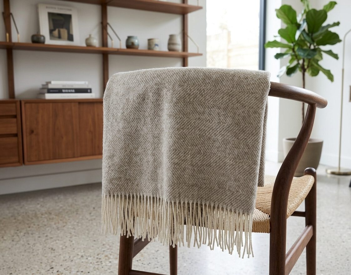 Wollplaid & Wolldecke "Nord C" weiß-taupe – Bild 4